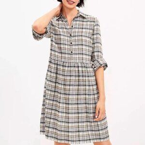 LOFT Plaid Brushed Cotton Soft Shirt Dress Multicolor Neutrals, L